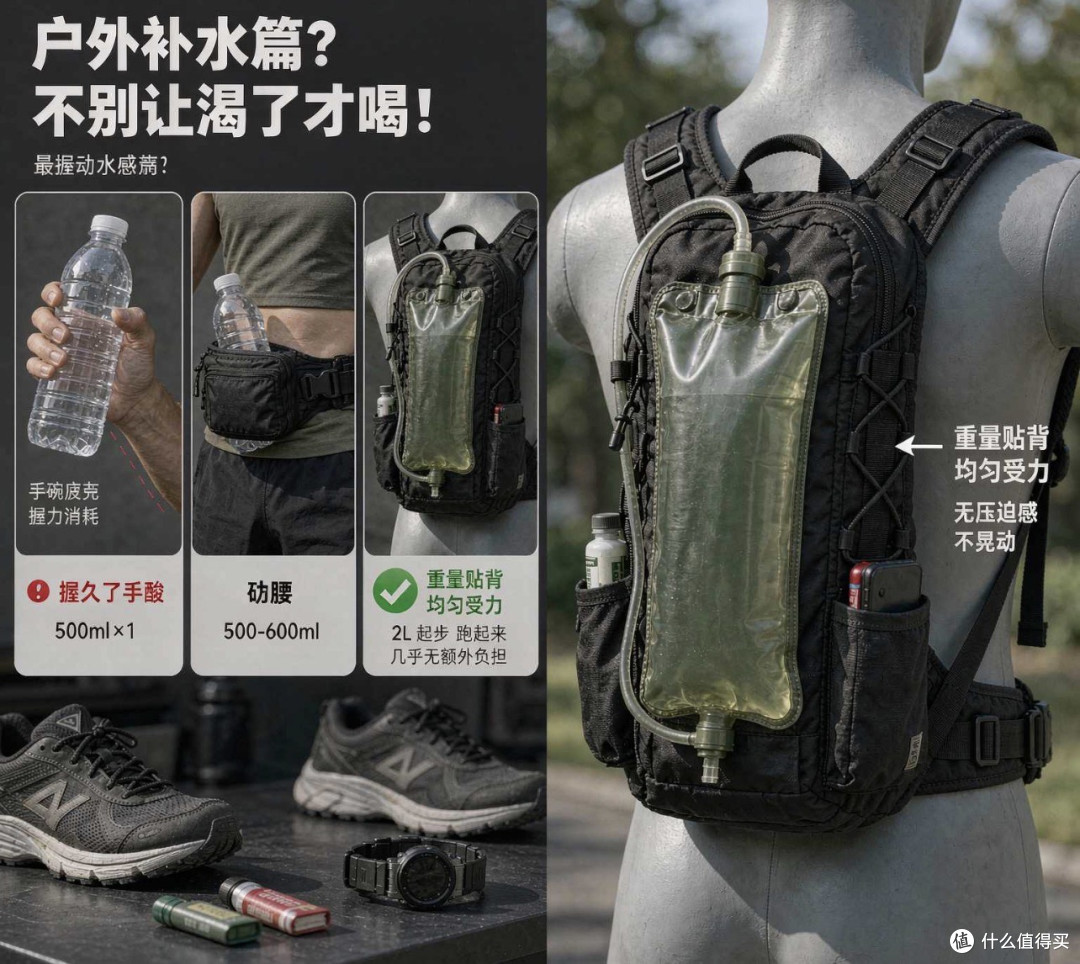 户外运动补水别等渴了再喝!水袋包真实体验,跑步骑行党必看