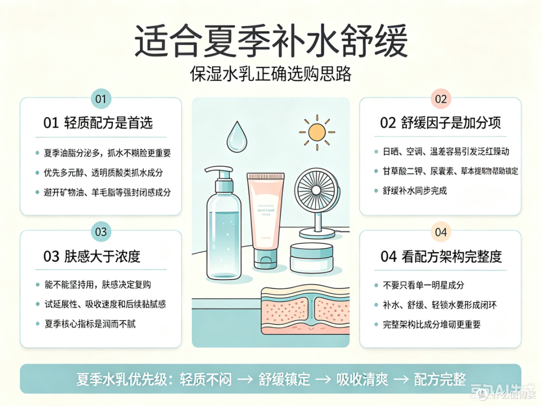适合夏季补水不黏腻 舒缓水乳认准轻质配方 不闷肤才是夏季刚需