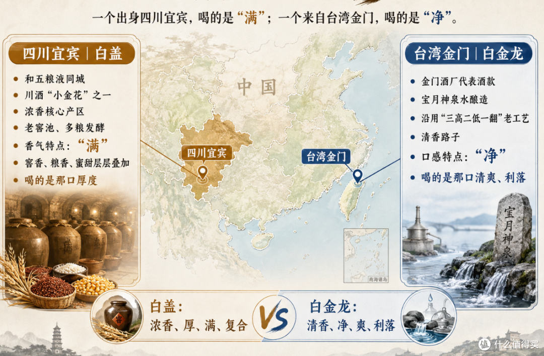 值酒实验室测评:一个香得满,一个烈得净:叙府白盖 VS 金门白金龙,差别比想象中大