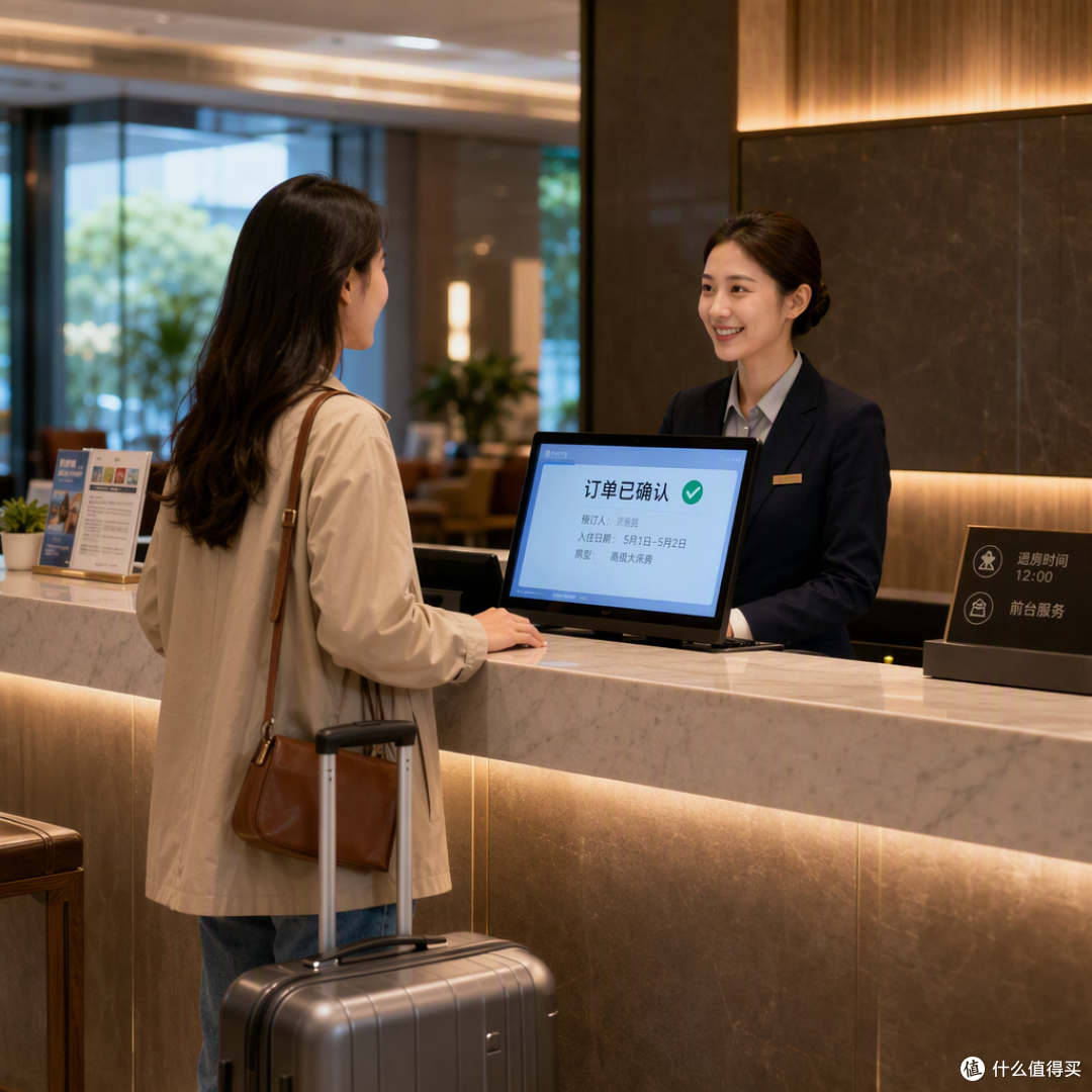 一位旅客拖着行李箱抵达酒店前台，正与前台工作人员微笑确认预订信息，前台背景明亮整洁，桌面屏幕上显示订单已确认，传递
