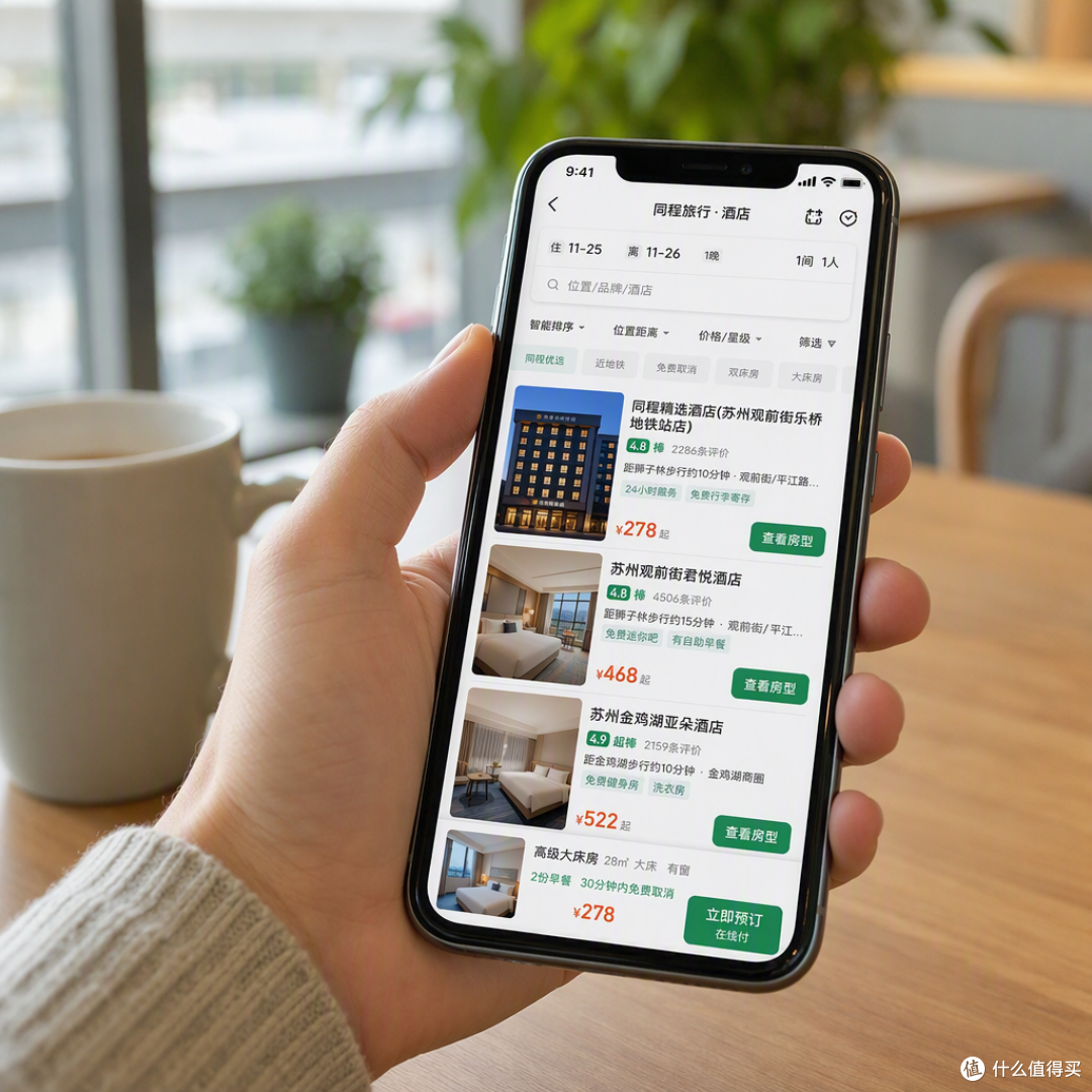 一只手握着手机，屏幕上清晰展示同程旅行App的酒店预订页面：酒店搜索结果、房型价格与醒目的