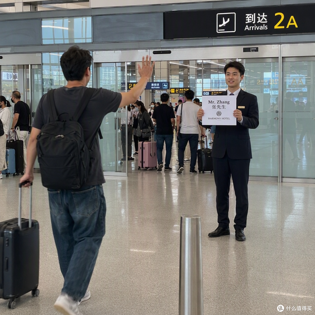 机场到达出口场景：酒店接机司机或礼宾员手举一张打印清晰、写有旅客姓名和酒店名的接机牌，站在到达人群前等候，旅客从出口处辨认并挥手示意，突出酒店可提供接机牌打印与举牌接机这一特殊需求服务。