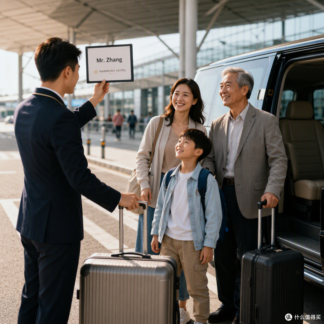 接机成功会合场景：接机人员帮带老人、孩子的家庭旅客接过行李，举着接机牌引导旅客走向酒店专车，旅客面露安心微笑，传递接机牌服务带来的省心与安全感。