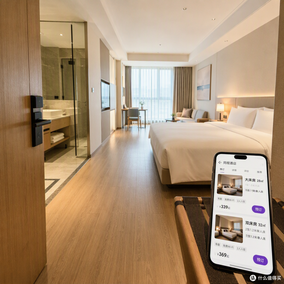 酒店房型面积与布局对比视角：从房门口向内拍摄，展现完整房间进深、卫浴区与窗户，突出实际面积感；画面一角呈现手机端房型预订界面，显示大床房/双床房及面积信息，体现同程酒店预订中可对比的房型设施。