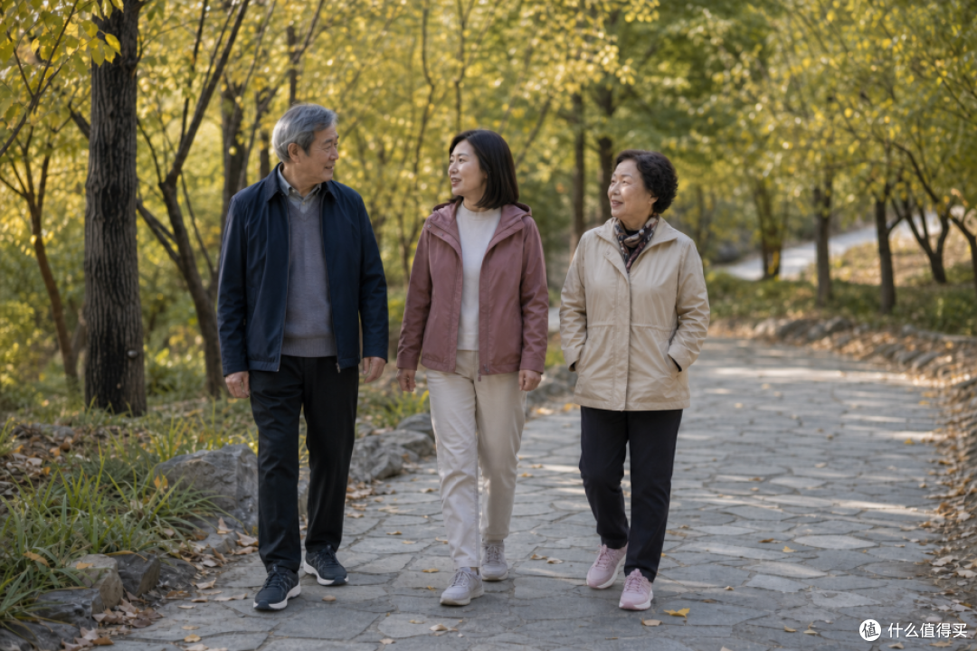 图1  ：陪爸妈在秋日公园石板步道散步。