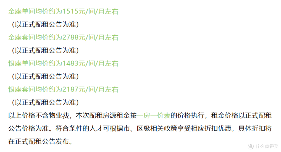 公告租金标准（不包含物业费）