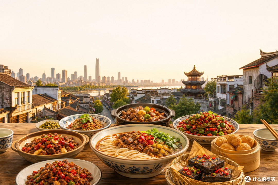 温暖明快的长沙城市美食漫游主题封面，画面下方呈现地方风味餐桌与城市街景的融合场景