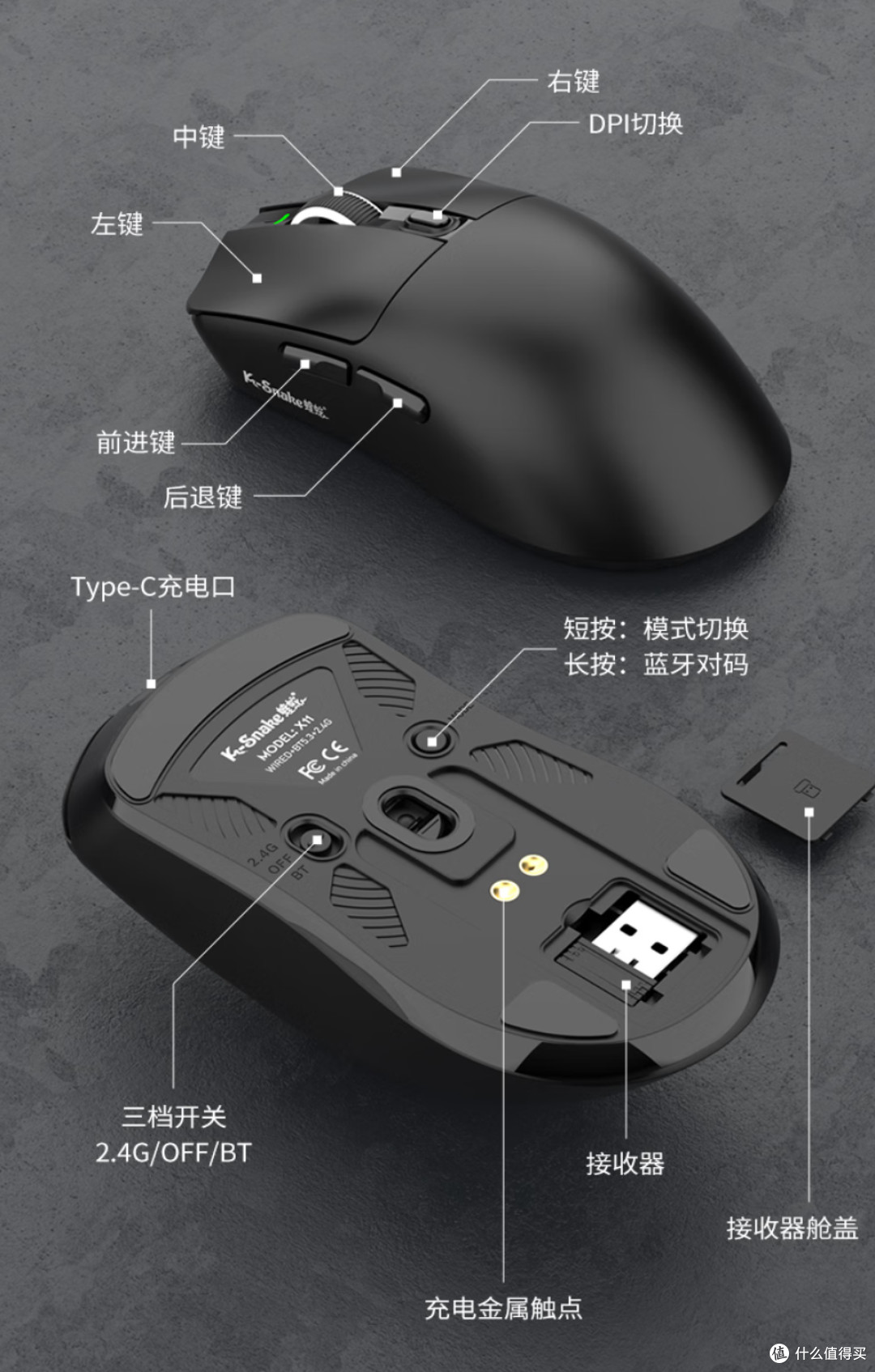 蝰蛇X11:百元档带磁吸座充的轻量化三模鼠标