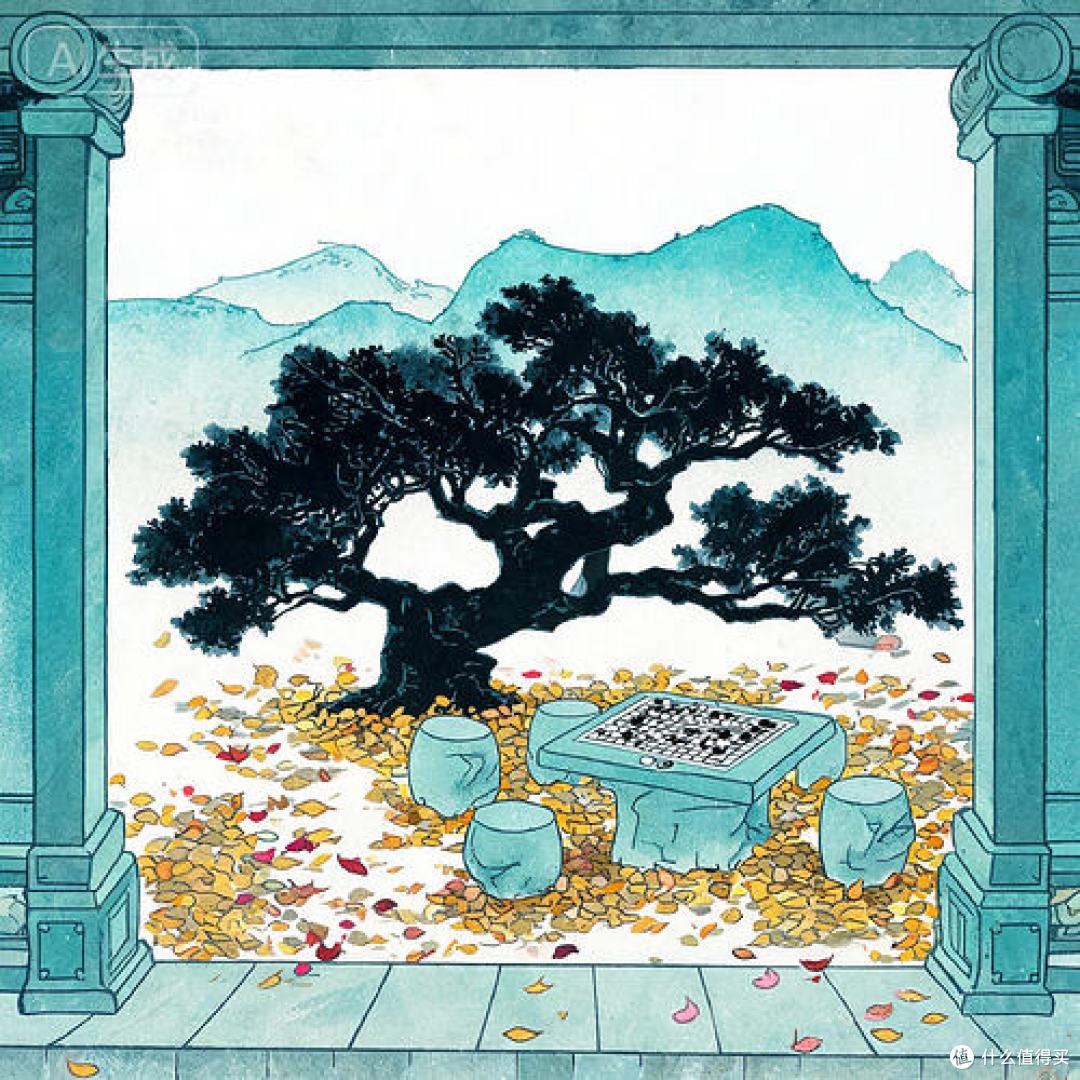 jimeng-2026-08-25-8660-场景空镜，钟山书院外景，秋日。石青色山峦如屏，大面积留白处是灰白天穹。一棵墨黑老