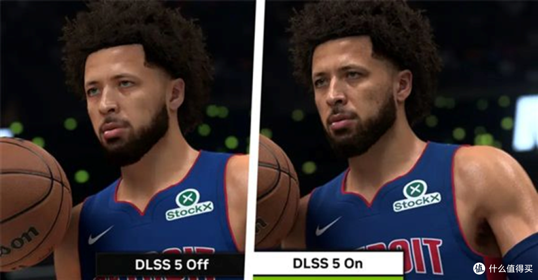 NBA 2K27 中 DLSS 5 开/关对比，球员皮肤质感差异明显