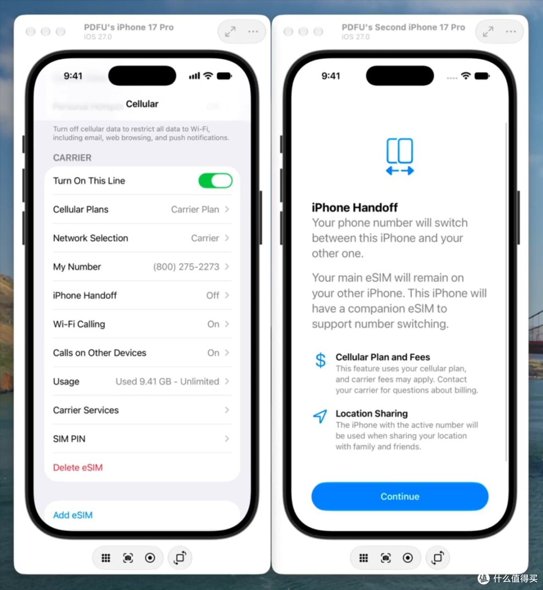 iOS 27 测试版截图,来自 Redmond Pie 引用苹果官方 Xcode 27 开发者文档,展示主 iPhone 与伴侣 iPhone 共用同一号码的设置界面