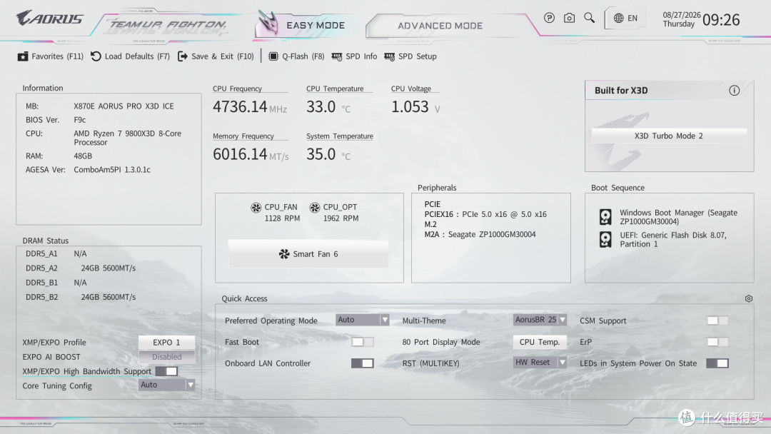 X870E X3D电竞冰雕-Easy Mode 显示48GB、EXPO1 6000MT/s、启动时序 36-38-38-80 CR1