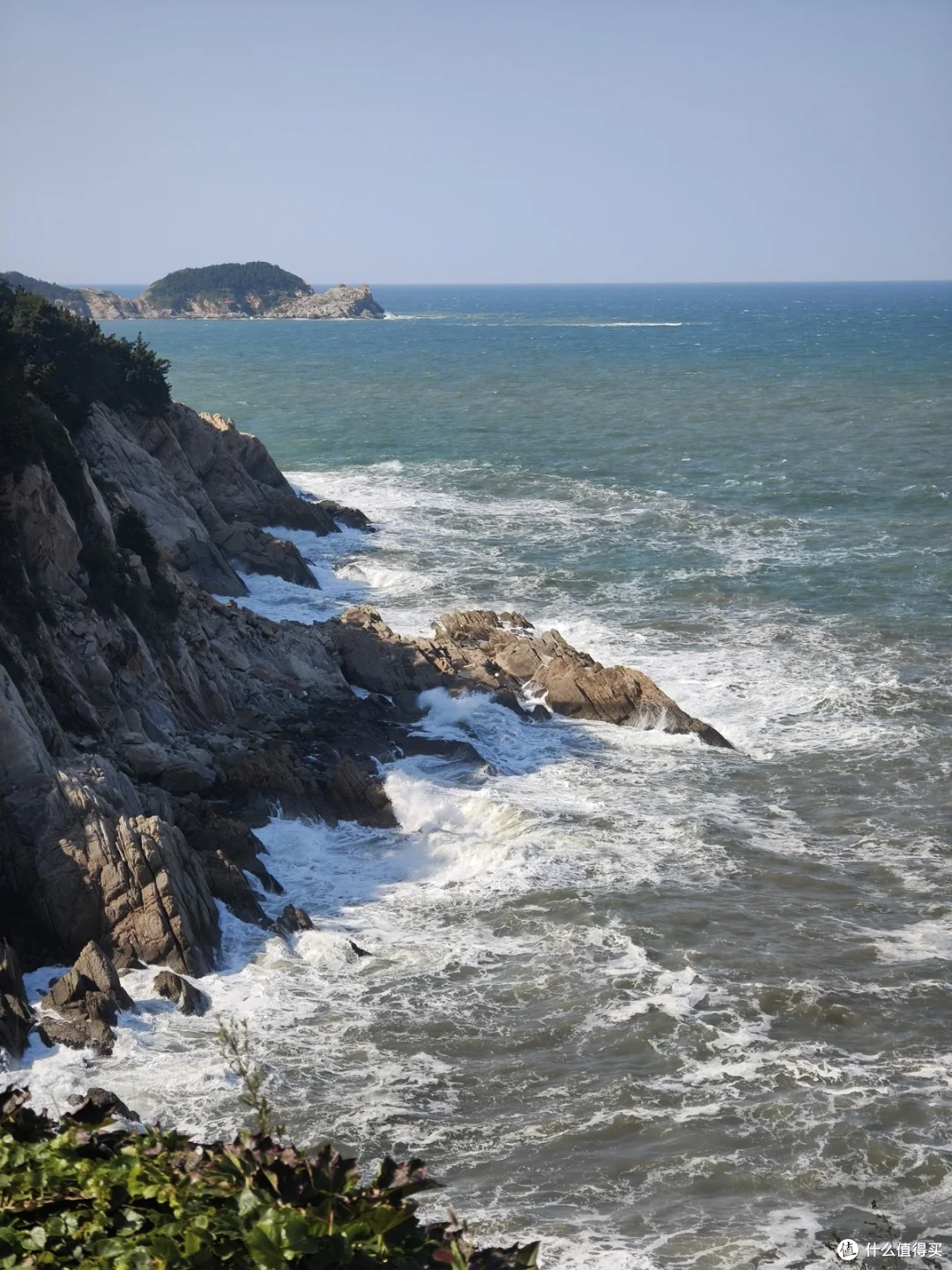 沿海公路旁礁石海岸白浪翻涌，青绿色海面远处浮着小岛，崖上长着松树