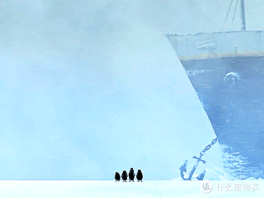 《马达加斯加的企鹅》片段：四只企鹅呆立在风雪中，身后是轮船船头与锚链