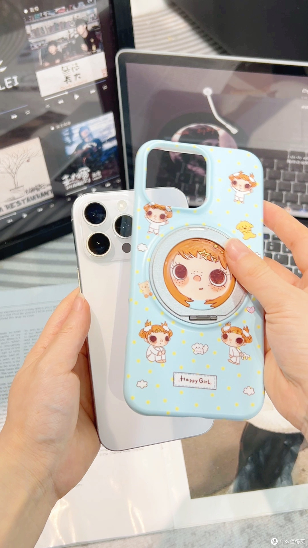 适用iPhone18ProMax旋转支架壳，黄发女孩图案个性不撞款