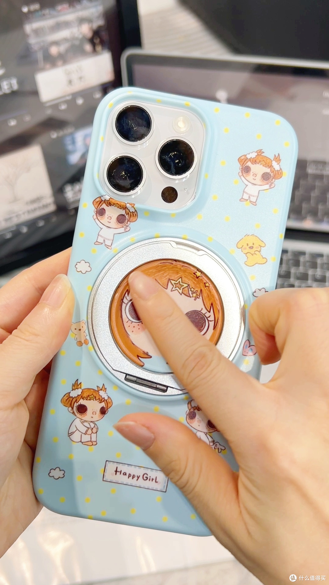适用iPhone18ProMax旋转支架壳，黄发女孩图案个性不撞款