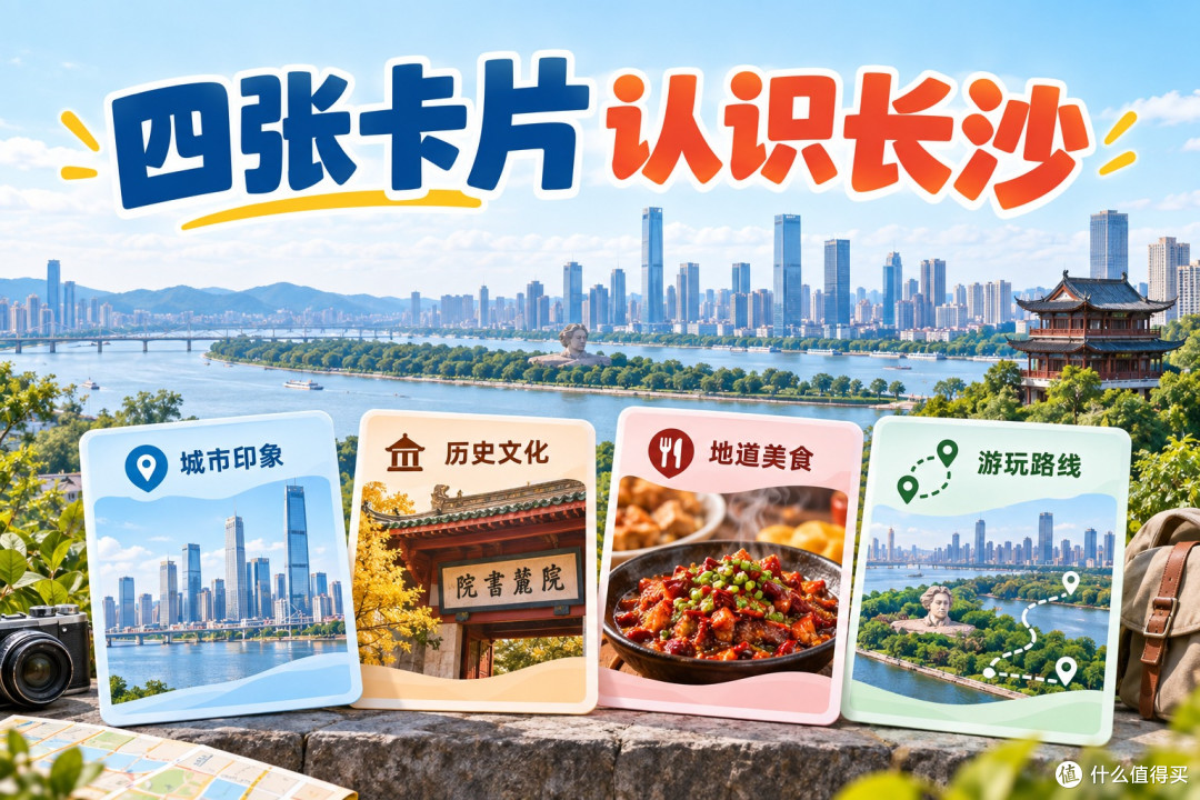 四张信息卡环绕长沙城市剪影的旅行准备概念画面