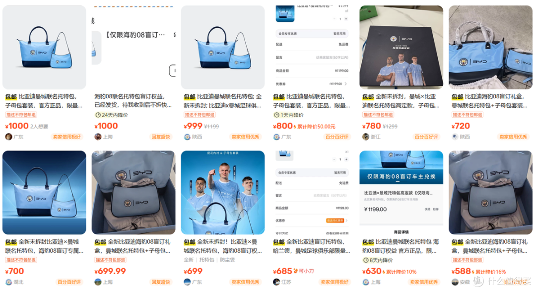 比亚迪海豹08盲订礼品流入二手鱼,内置300多的曼城联名托特包