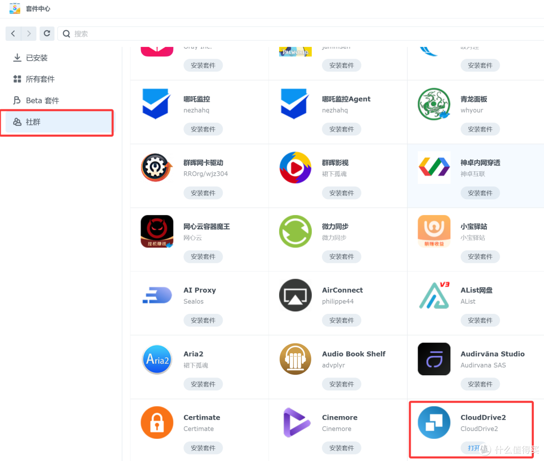 添加成功后就会有个社群选项，进入安装CloudDrive2即可