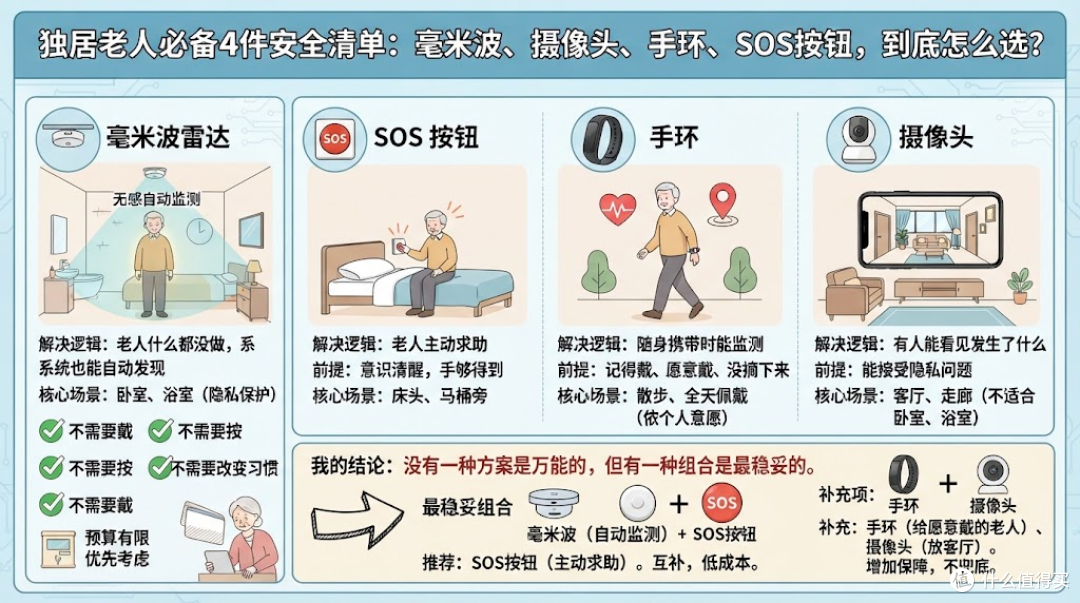 独居老人必备 4 件安全清单：毫米波、摄像头、手环、SOS 按钮，到底怎么选？优选毫米波方案