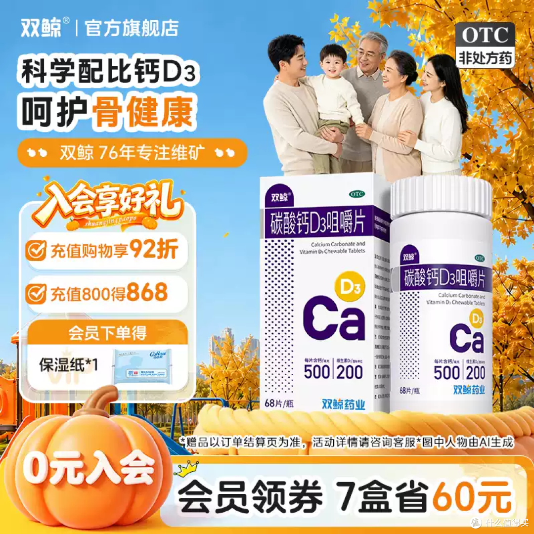 双鲸碳酸钙 D3 咀嚼片，全家补钙守护骨骼健康