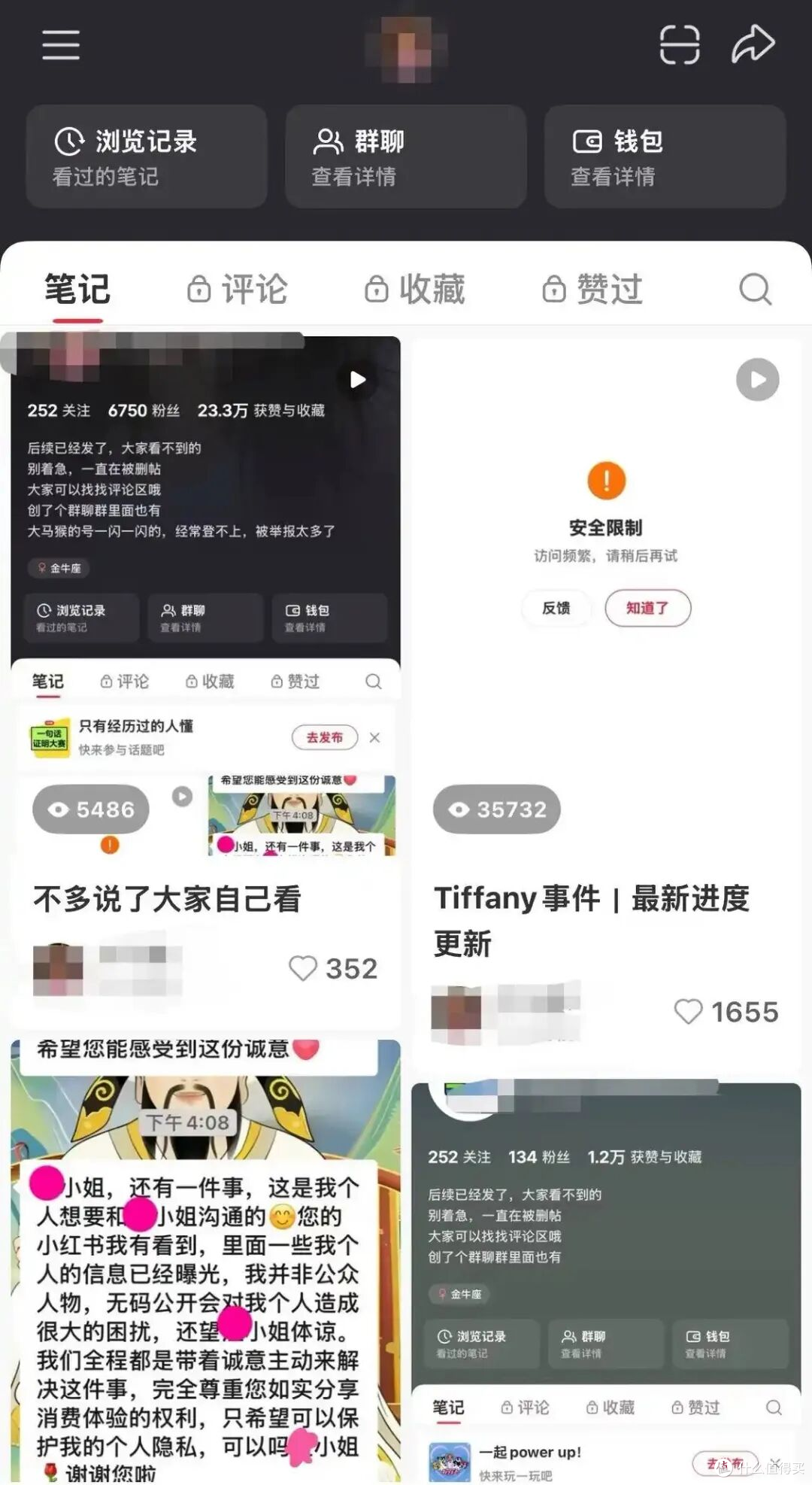 当事人小红书账号受到限制，多条内容消失，帖子被删除