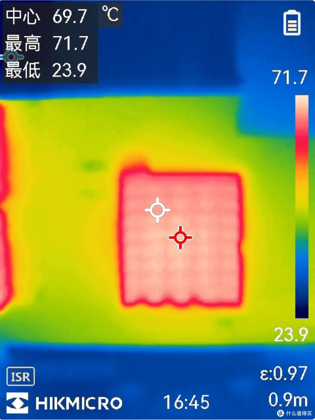 红外热成像：中心 69.7°C / 最高 71.7°C / 最低 23.9°C（ε 0.97，0.9m）