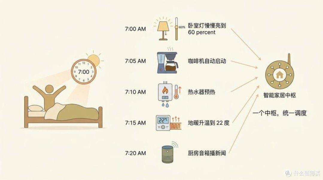 早上 7 点起床场景:一个中枢把卧室灯、咖啡机、热水器、地暖、音箱 5 件设备按时间顺序统一调度,这就是中枢的核心价值。(AI 生成)