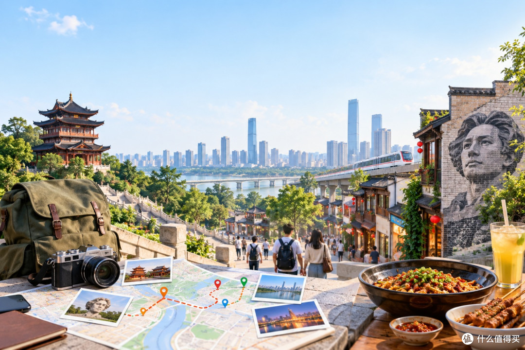 长沙城市旅行规划主题封面，下方呈现城市街区、文化空间与餐饮生活交织的场景