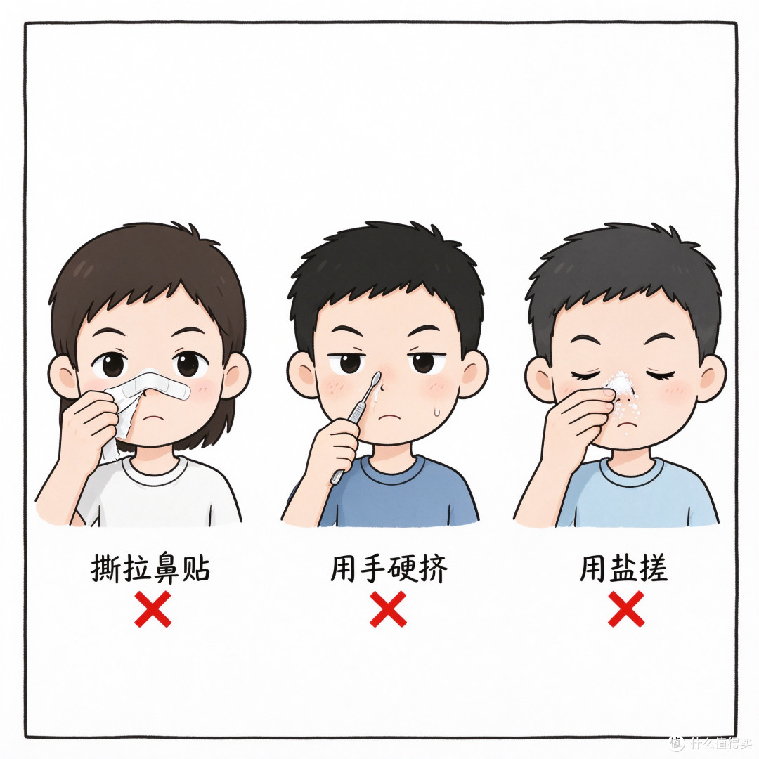 错误示范撕拉鼻贴用手硬挤用盐搓