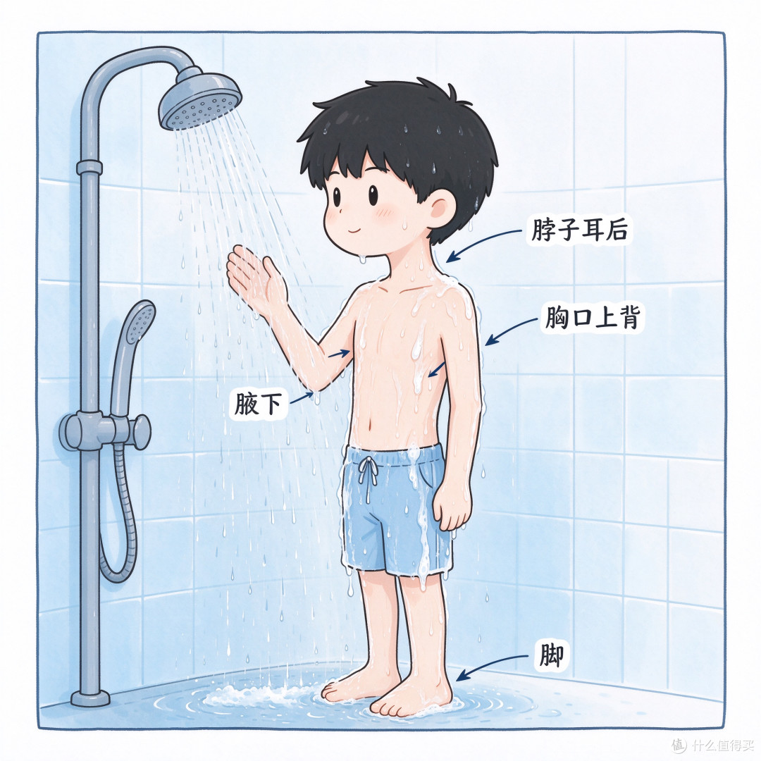 洗澡重点部位脖子耳后胸口上背腋下脚