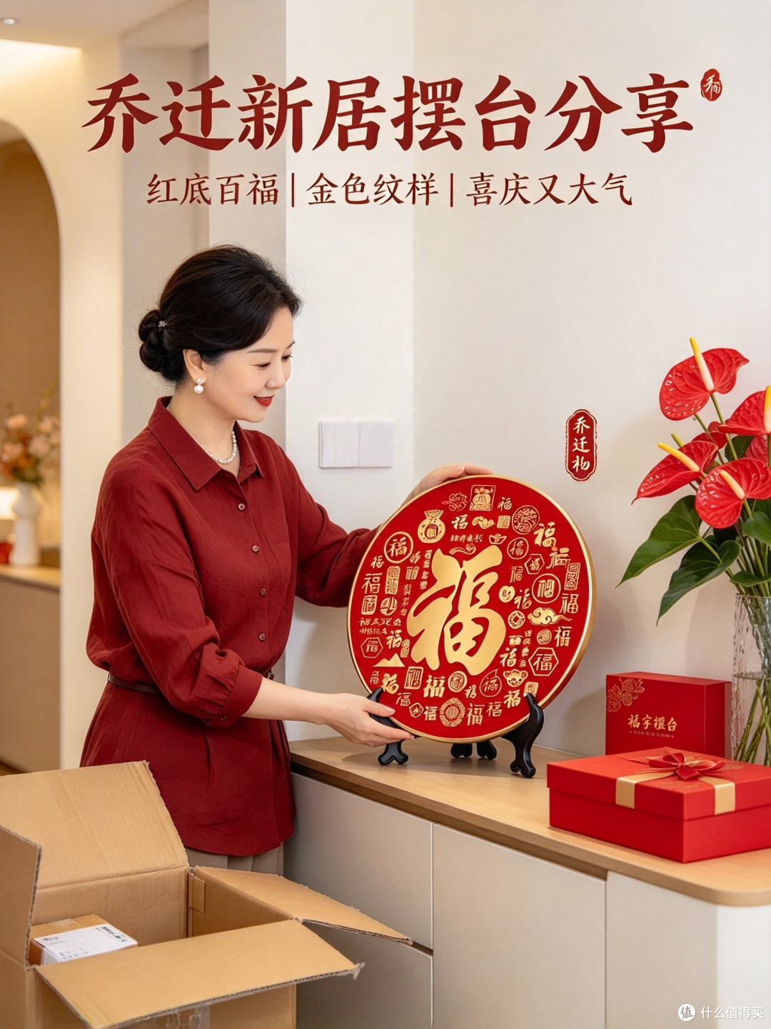 福寿招财进宝摆台画,双喜字圆形乔迁装饰