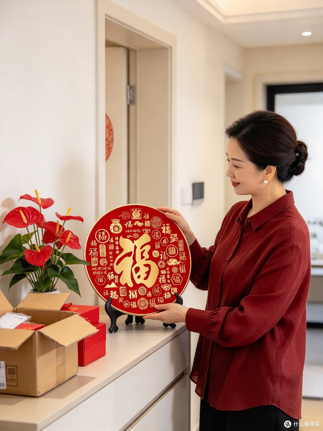 福寿招财进宝摆台画,双喜字圆形乔迁装饰