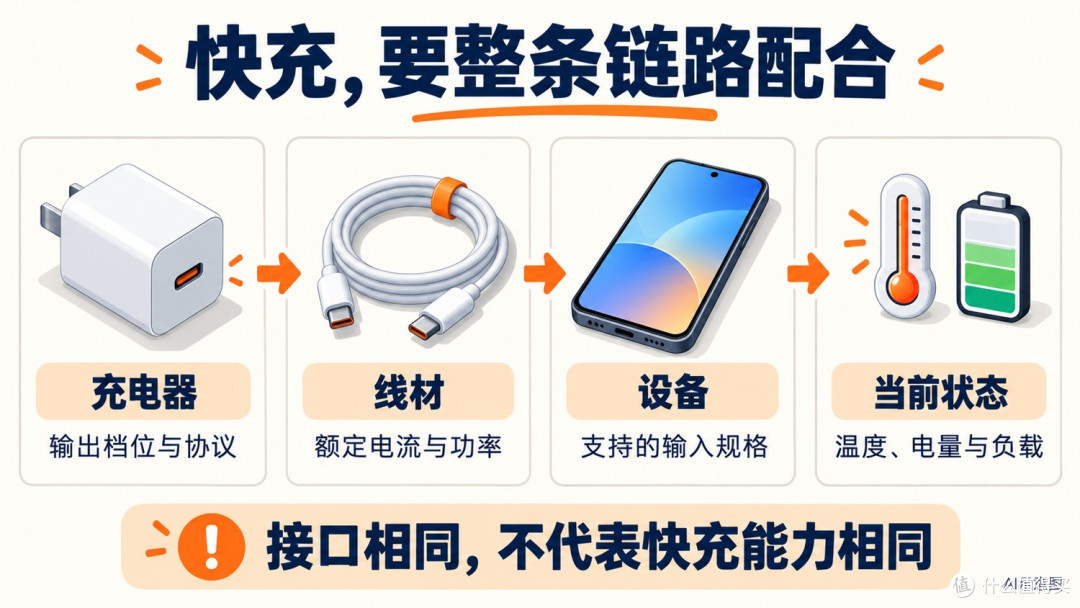 充电器、线材、设备与当前状态共同影响快充
