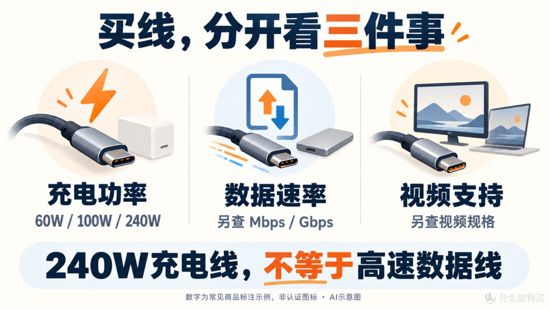 买USB-C线要分别检查功率、数据速率与视频支持