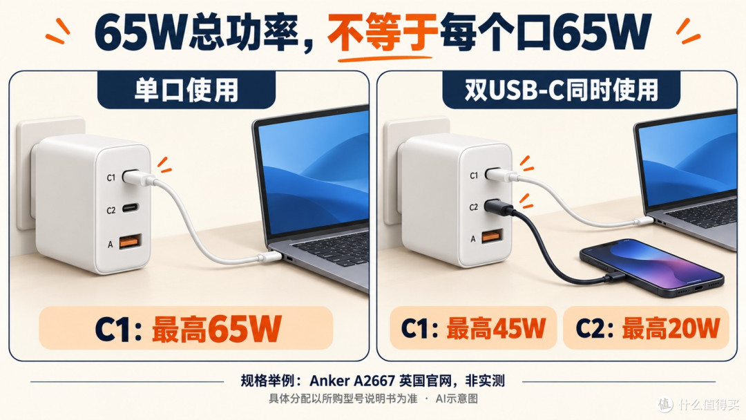 65W充电器单口和双口使用的功率分配例子