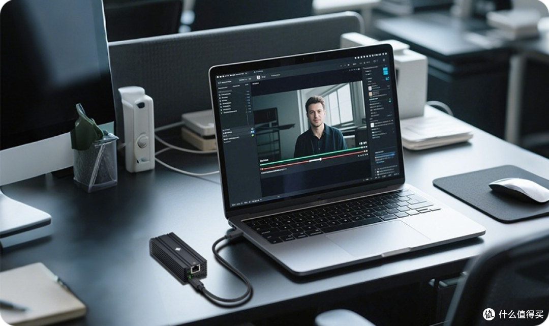 典型的桌面形态：一根 USB-C 线接上，网线插网卡，笔记本照常放在桌上用