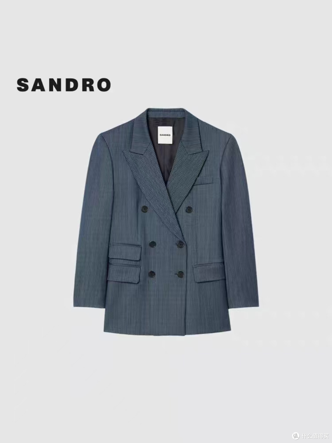 SANDRO Outlets 条纹西装✨戗驳领双排扣蓝色细竖条纹外套