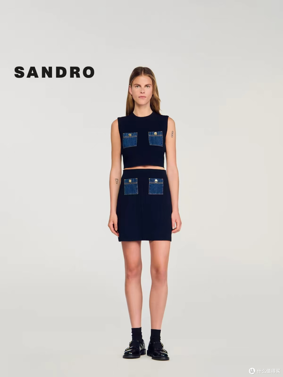 SANDRO Outlets 拼贴牛仔半裙✨法式高腰修身半身裙