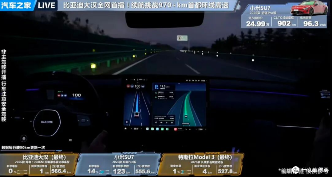 大汉EV，高速续航达成率58.7%，排名倒数？小米SU7第1名