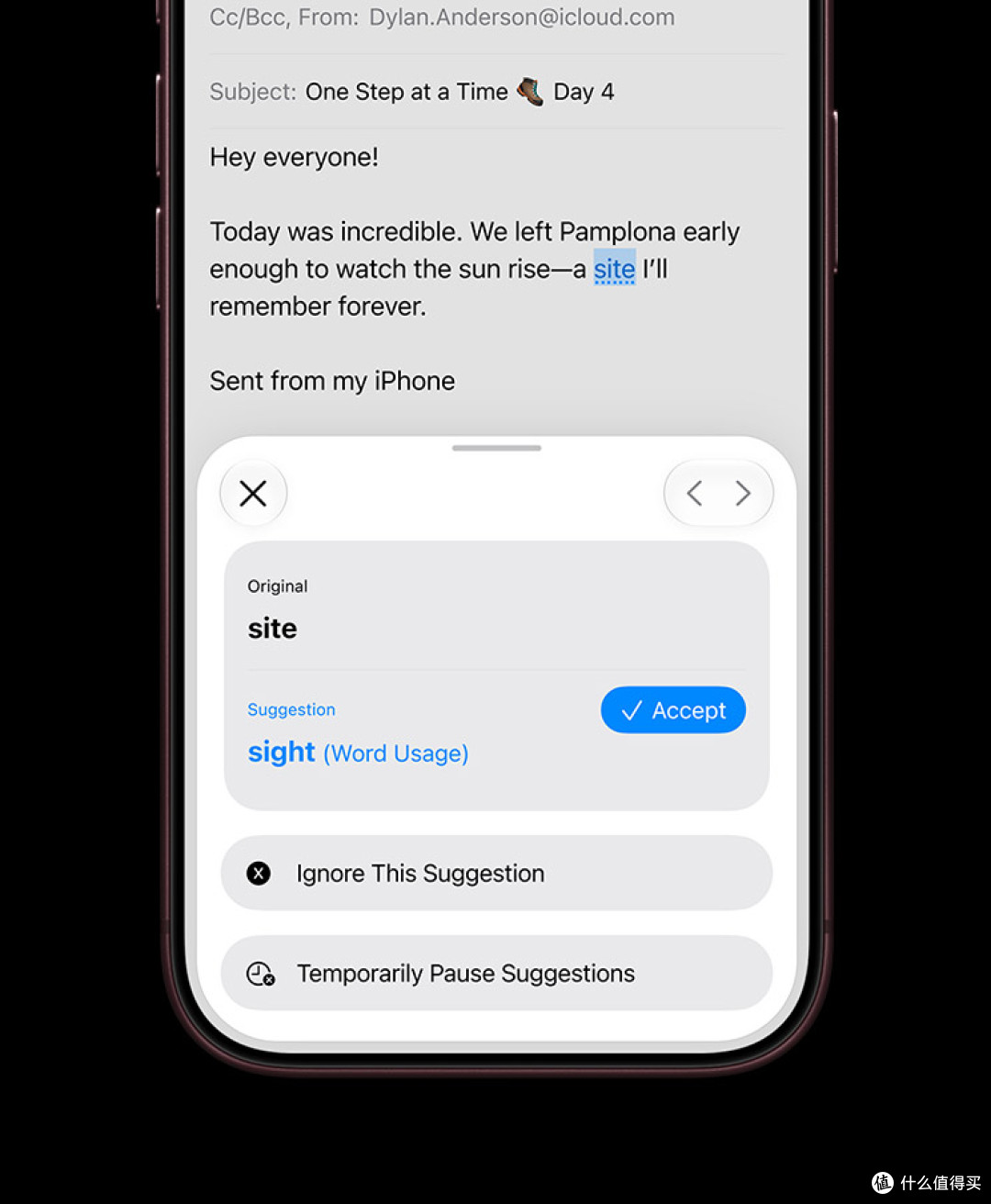 Apple智能写作工具校对界面，图为海外英文版