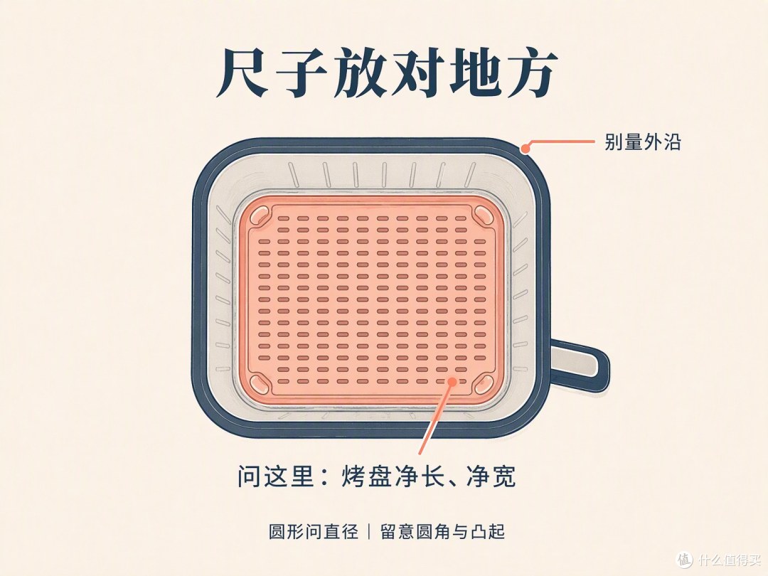 要问装好原配烤盘后的净尺寸，别拿篮口替底面回答。