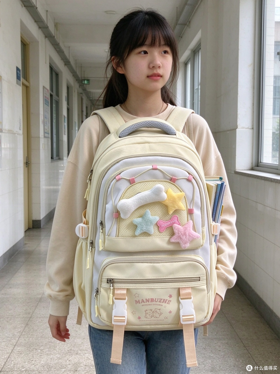 可爱奶黄双肩包小学生休闲搭配