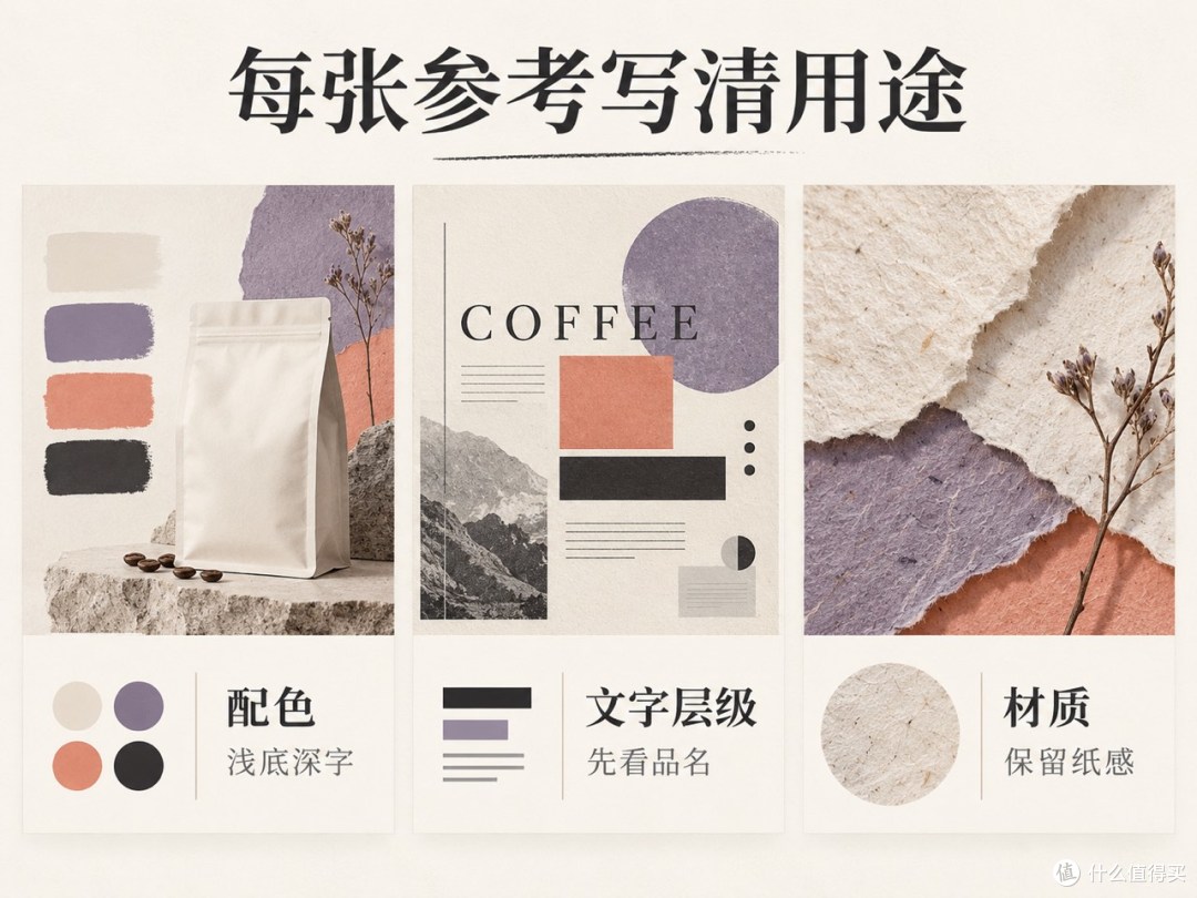 三张参考卡分别说明配色、文字层级和材质的使用理由