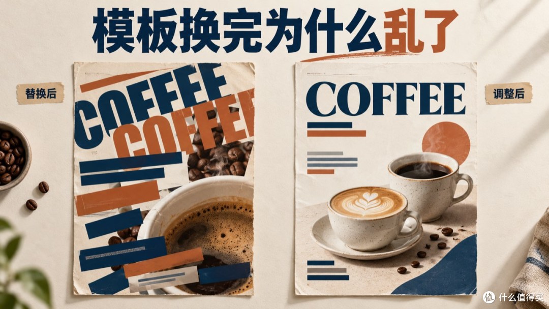 替换内容后的拥挤海报与重新调整后的版面对照