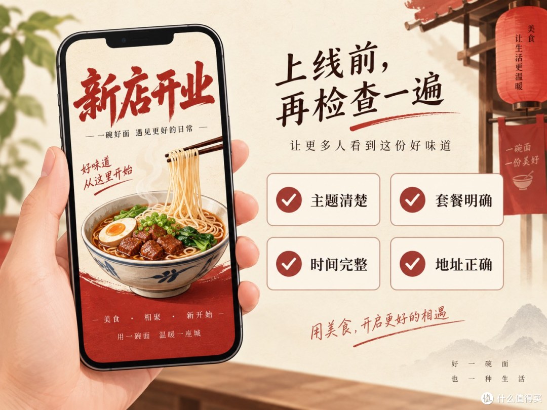 手机预览旁边列出主题、套餐、时间、地址四项检查