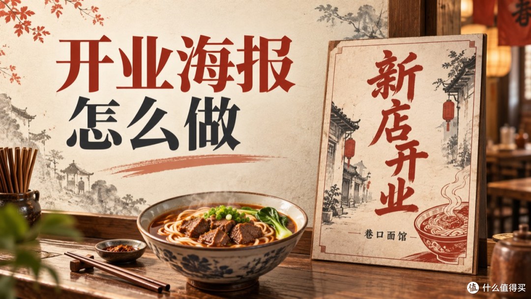 一碗热汤面与信息清晰的开业海报构成教程封面