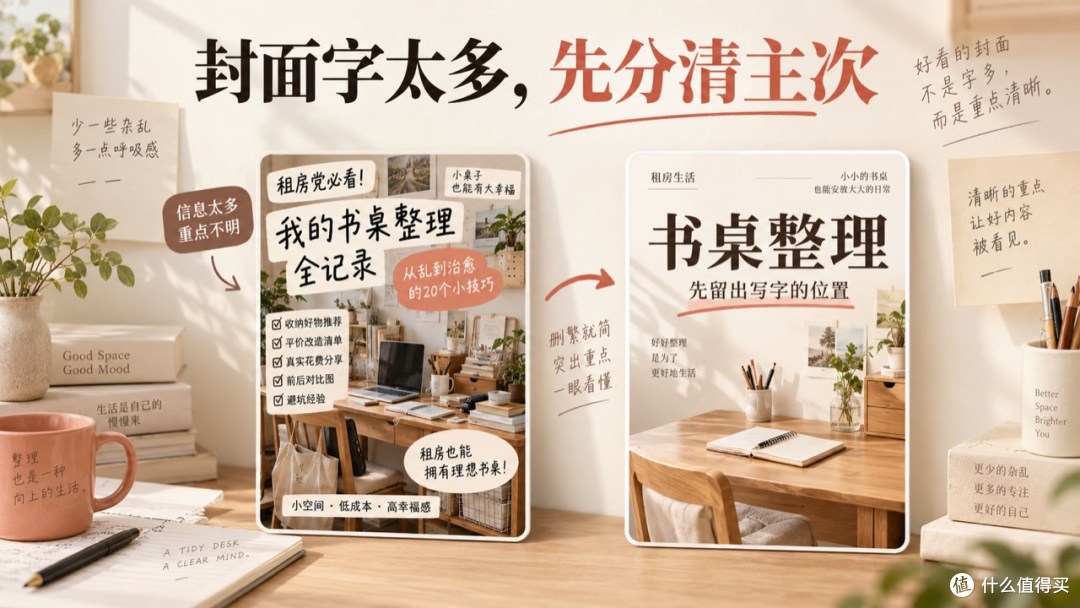 密集文字封面与清楚分层的桌面封面对照