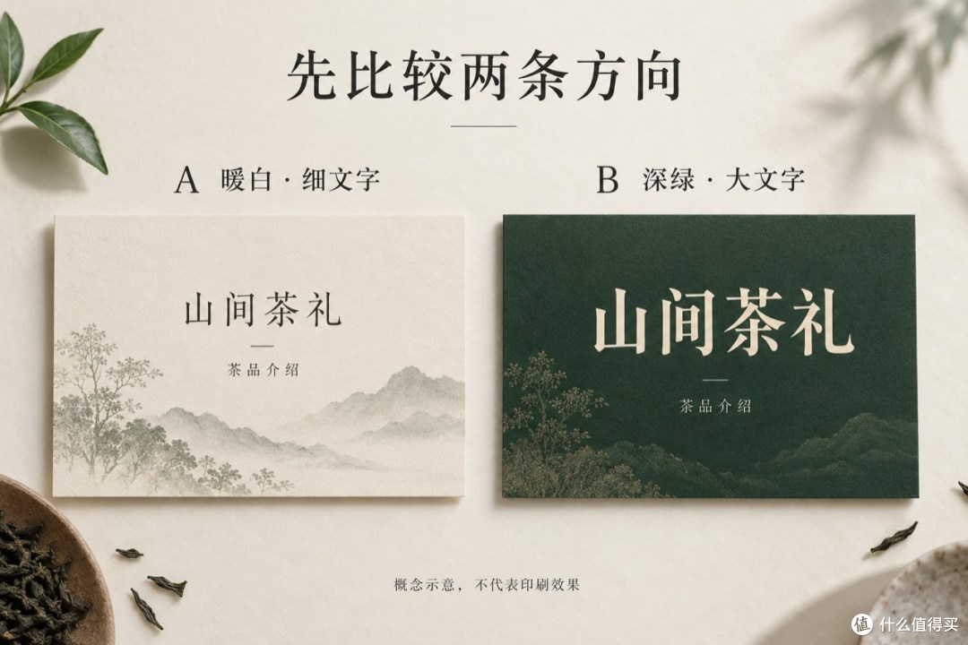 暖白细文字与深绿大文字两条方向