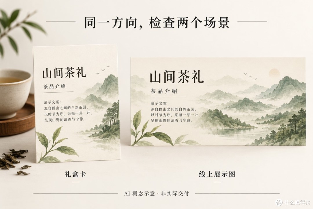 同一设计规则用于礼盒卡与线上展示图